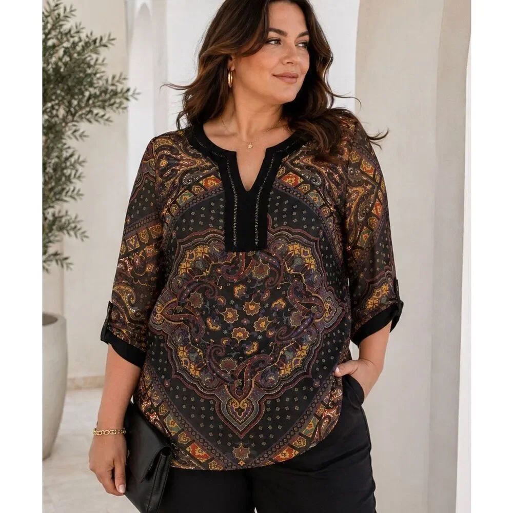 Saint Tropez West Sheer 3/4 Sleeve Blouse Top Women’s 2X